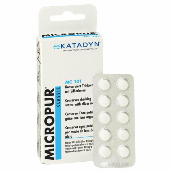Katadyn Micropur Classic MC 10T (Tabletten) - einfache Konservierung von Leitungswasser. Alle verwendeten Inhaltsstoffe sind für den Gebrauch im Trinkwasser zugelassen. Im Unterschied zu Chlor