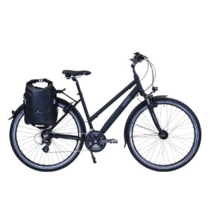 HAWK Trekking Premium Fahrrad inkl. Tasche - Black Damen 28 Zoll - Rahmenhöhe 44 cm - Fahrrad mit Microshift 24 Gang Kettenschaltung & Beleuchtung I Allrounder I Schwarz