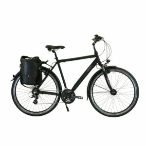 HAWK Trekking Premium Fahrrad inkl. Tasche , Black Damen 28 Zoll - Rahmenhöhe 57cm, Fahrrad mit Microshift 24 Gang Kettenschaltung & Beleuchtung I Allrounder I Schwarz