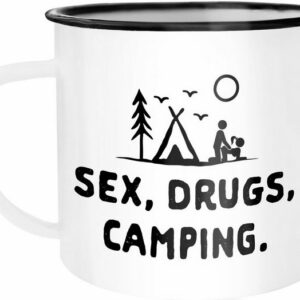 MoonWorks Tasse Emaille Tasse Becher Outdoor Design lustig Sex Drugs Camping Travelling Trekking Kaffeetasse Moonworks®, emailliert und mit Aufdruck