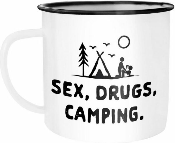 MoonWorks Tasse Emaille Tasse Becher Outdoor Design lustig Sex Drugs Camping Travelling Trekking Kaffeetasse Moonworks®, emailliert und mit Aufdruck