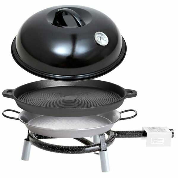 PAELLA WORLD Camping-Gasgrill Trekking Line Set, Vollausstattung, inkl. Gusseisenpfanne, Paella-Pfanne und Backhaube