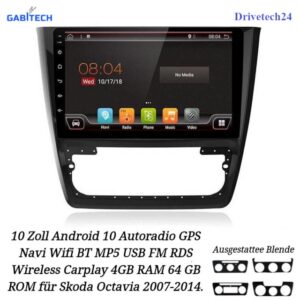 GABITECH Skoda Octavia 2007-2014 10" Android 11 Autoradio Autoradio (FM, AM, RDS, Bluetooth, A2DP, Can Bus, Plug & Play, USB, WiFi, Airplay & Miracast Mirror Link, 4GB RAM 64GB ROM)