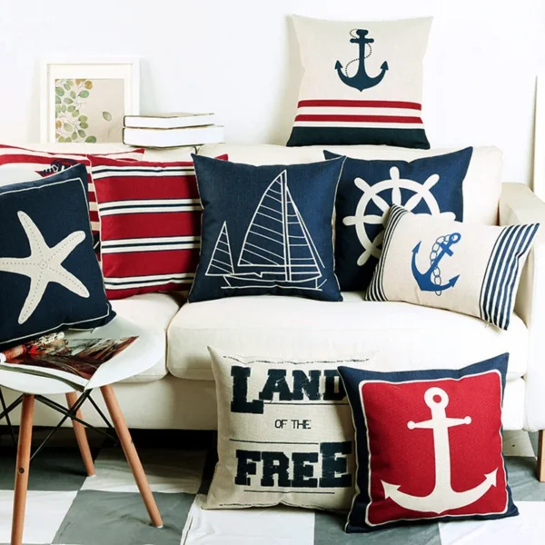 Navigation Navy Blau Nautical Shell Starfish Leinen Kissen Marine Kissen Abdeckung Sofa Piaochuang