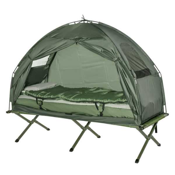 Outsunny Feldbett 4 in 1 Camping Set mit Zelt Schlafsack Matratze faltbar, Dunkelgrün