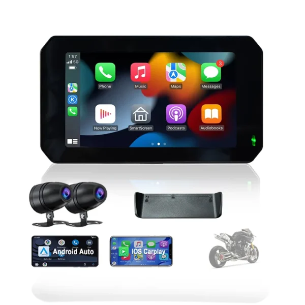 Portable Wireless 5 inch Motorbike Outdoor GPS Navigation Motorcycle Apple CarPlay With 2 Channels 1080P DVR camera