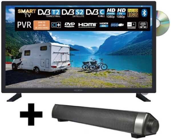 Reflexion LDDW27i+ LED-Fernseher (69,00 cm/27 Zoll, Full HD, Smart-TV, DC IN 12 Volt / 24 Volt, Netzteil 230 Volt, Fernseher für Wohnwagen, Wohnmobil, Camping, Caravan, mit integriertem DVD-Player, inkl. Soundbar)